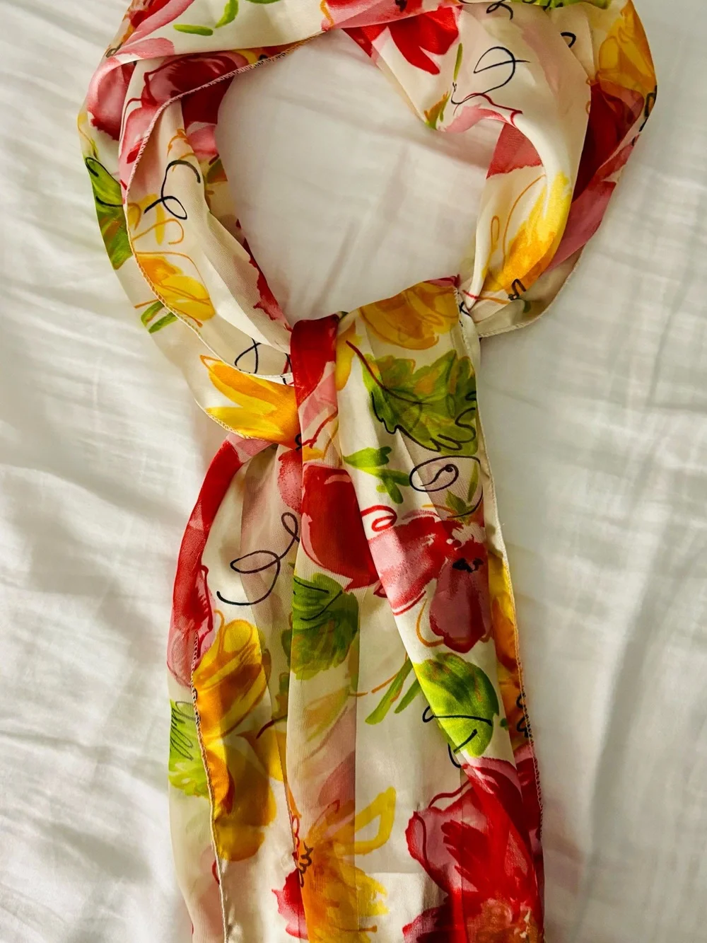 Vintage Floral Print Scarf in Red, Yellow & Green. Made in Korea. Polyester